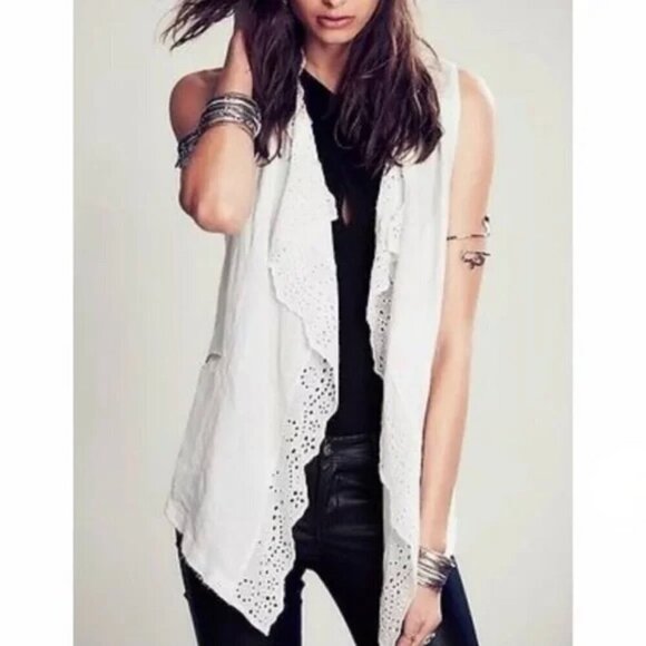 Free People Linen Eyelet Vest White Indie Waterfall Layering Small - Picture 1 of 11